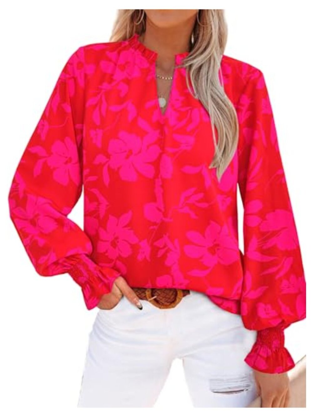Long Sleeve Floral V-Neck Blouse Puff Sleeve Chiffon Boho Work Top